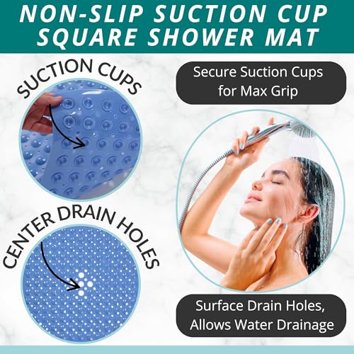 Image of ENKOSI Square Shower Mat - 21 x 21 Inch Non-Slip Bathroom Shower Stall Mat with Suction Cups and Drain Holes - Anti-Slip Bathtub Shower Mats for Inside Shower (21x21 Aqua Blue)