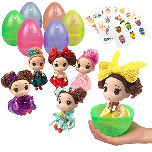 UNGLINGA Jumbo Easter Eggs Basket Stuffers with Fashion Beauty Doll Baby Girls Decorations and Stickers for Girls Toddler Kids Gift Prefilled Surprise Egg Toy Party Supplies Pack of 6