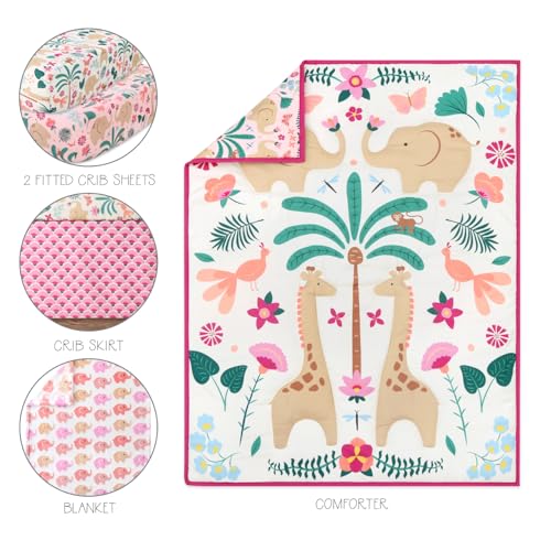 The Peanutshell 5 Piece Baby Crib Bedding Set for Girls - Newborn, Infant & Toddler Nursery Bed Set Decor with Fitted Crib Sheets, Blanket, Dust Ruffle Comforter - Bright Safari - Image 3