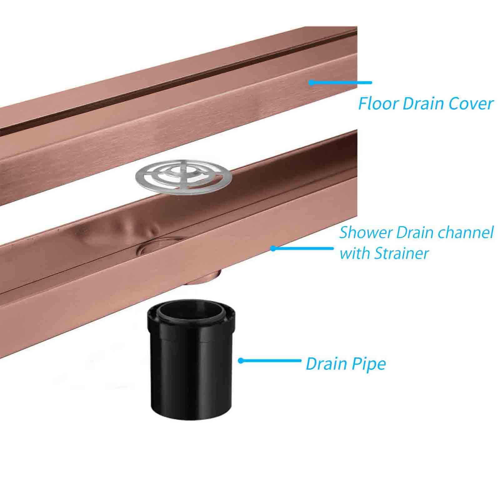 Scarico Doccia Lineare Da 12 Pollici, Scarico Doccia Rettangolare in Acciaio Inossidabile 304 Con Griglia Staccabile, Filtro Per Capelli E Tubo Dritto, Scarico A Pavimento Doccia Deodorante,Rose gold