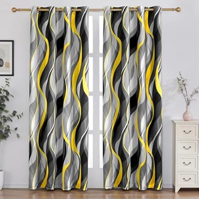 weesire Yellow and Grey Blackout Curtains Modern Striped Decorative 100% Light Blocking Darkening Grommet Yellow Curtain for Living Room Villa, Bedroom Gray and White 2 Panels Set, 52x96 Inches