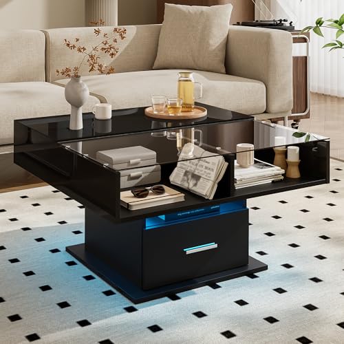 Merax Table Basse relevable LED,Table Basse relevable, 78×78/45,5×45,5 cm – Table de Salon Moderne à Hauteur Variable avec éclairage RGB Via appli,...