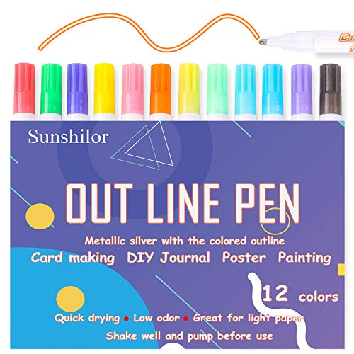 Self-outline Metallic Markers, Metallic Double Line Pen Outline Pen 2.0mm Medium Point Metallic Outline Markers for Scrapbooking, Bullet Journal, Card Making, Poster Drawing, Painting, 12 Colors