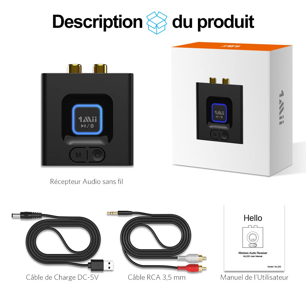 1Mii ML201 Recepteur Bluetooth 5.1, Adaptateur Bluetooth RCA 3.5mm Jack AUX, SBC AAC Recepteur pour Accueil Système Stéréo, Mode Basse, Taille Mini, Batterie Intégrée