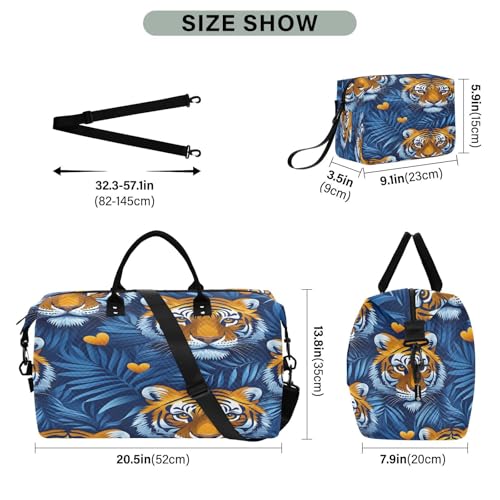 Travel Duffle Bag Weekender Bags Overnight Bag with Toiletry Bag Gym Duffel Bag Tiger Heads Blue Leaves for Travel Business Trips Sport3