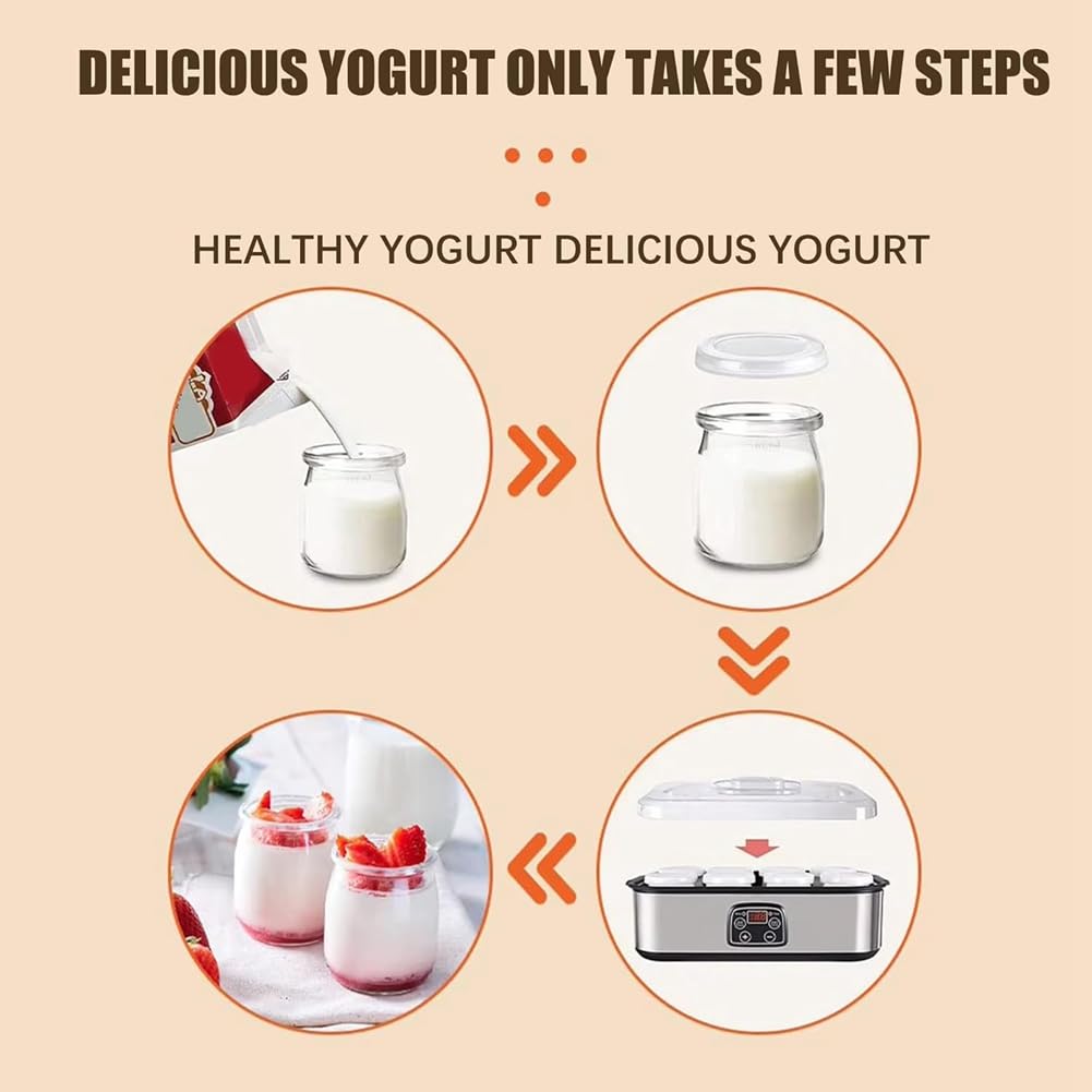 Yogurtera Automática con 8 Frascos de Vidrio. Yogurtera Eléctrica con Control de Temperatura y Tiempo Ajustables. Enchufe Europeo.