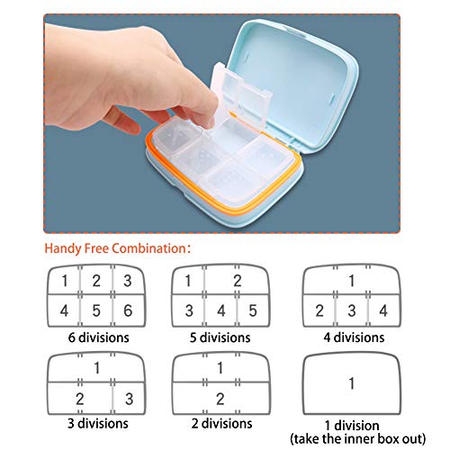 HRX Package Travel Pill Box Moisture Proof, Portable Purse Pill Case Holder Medicine Container with 6 Detachable Compartments