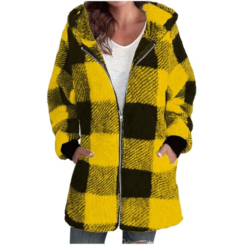 Image of FOCLMP Womens Fleece Zip Up Jacket with Hood Sherpa Fuzzy Long Plaid Jackets Heavyweight Winter Cozy Loose Checkered Shecket plaid shacket jacket women Yellow L