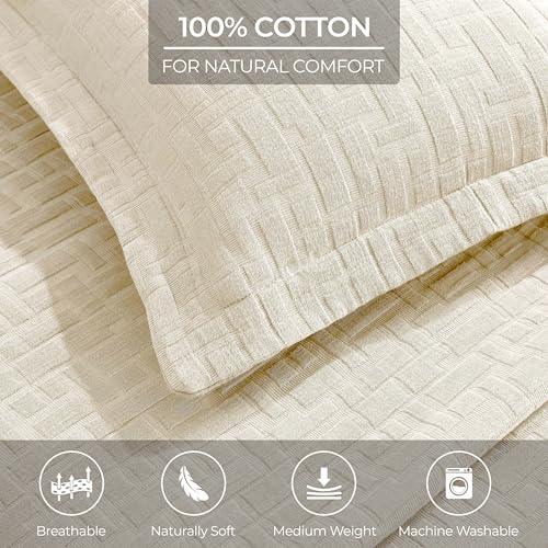 Superior 3 Piece Cotton Bedspread and Sham Set, Home Bed Decor, Decorative Bed Spread, 2 Pillow Shams, Medium Weight, Geometric Matelasse Coverlet, Bedding Essentials, Madrid Collection, King, Ivory