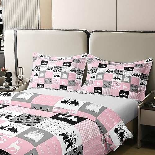 Rustic Camping 100% Cotton Duvet Cover King,Hunting Bear Deer Comforter Cover for Girls Boys,Buffalo Plaid Patchwork Bedding Set,Lodge Woodland Farmhouse Bedspread Cover,Pink Black Grey - Image 4