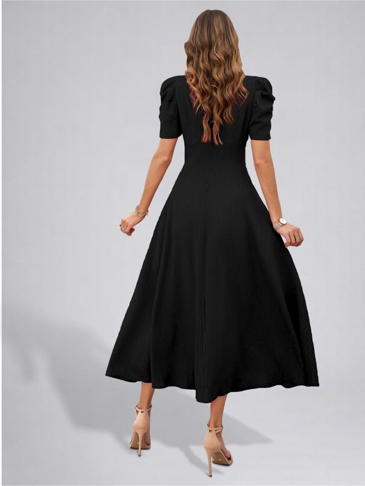 Image of Women's Solid Color V-Neck A-Line Maxi Stylish One Piece Long Midi Dress Party Outfit | Waist Cinched Puff Sleeve Elegant Casual Dresses for Women