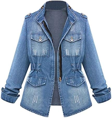 NEGJ Zipper Denim Jackets for Women - Plus Size Long Sleeve Lapel Denim Coat Winter Casual Tops Fashion Outerwear