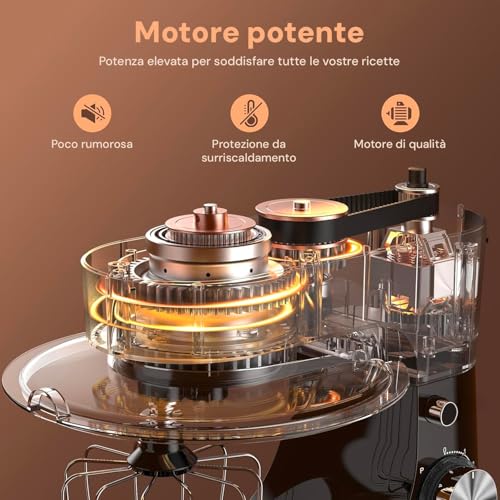 Avilia - Planetaria Silenziosa Multifunzione 1500W con Ricettario e Accessori Inclusi, Ideale per Impasti Dolci e Salati, Mixer con 10 Velocità e Funzione Pulse, Ciotola Acciaio 5L (Rosso) - immagine 4
