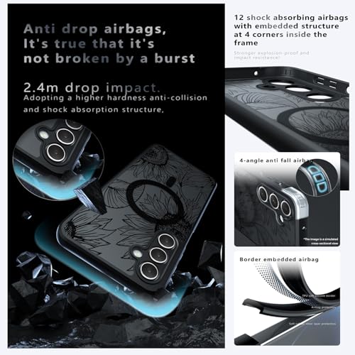 Oxytter Magnetic Case for Samsung Galaxy A15 [Compatible with MagSafe] Black Flower Floral Case for Women Girls Soft TPU Bumper Hard PC Back Anti-Fall Shockproof Protective Slim Cover A5 - image 2