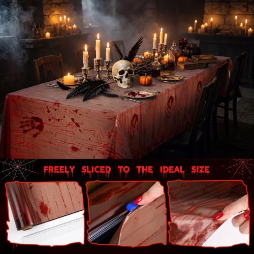 Image of Kochorie 100 Ft x 54 Inch Halloween Bloody Party Tablecloth Roll with Cutter Box Waterproof Plastic Horror Bloody Zombie Table Cover for Halloween Spooky Party Decorations, Gray