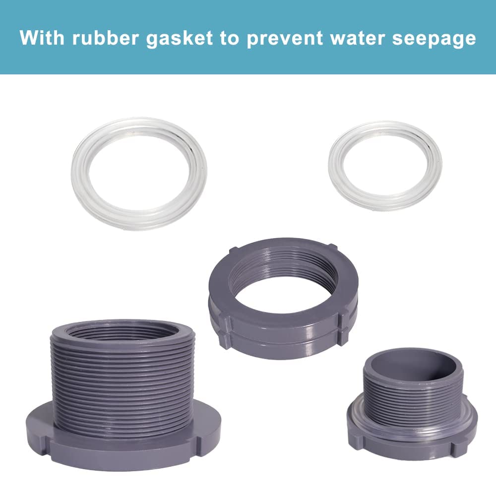 QuQuyi 2.5 Inch PVC Bulkhead Water Tank Connector Adapter Fitting with Plugs Thru-Bulk Pipe Fitting for Rain Barrels, Aquariums, Ponds(Set of 1)