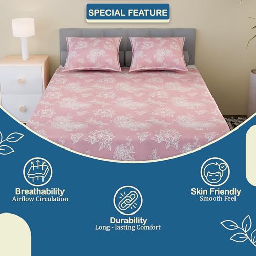 Image of Kuber Industries Cotton 180 TC Double Bedsheet With 2 Pillow Covers | Machine Washable Soft Bedsheet For Living Room, Home & Hotels | Lotus Fabio Print - Pink & White