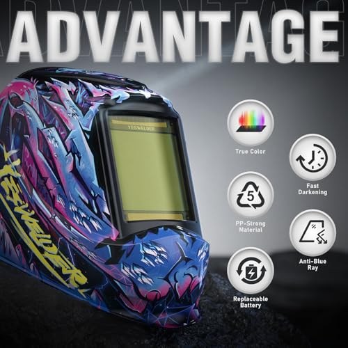 Image of YESWELDER Large View Auto Darkening Welding Helmet, Blue Light Blocking, 1 /1 /1 /1 True Color Solar Powered Welder Hood Mask with 4 Arc Sensors, Wide Shade 3 /5-9 /9-13 for TIG MIG ARC CUT and GRIND