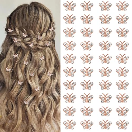 YISSION 40 Pcs Mini Rhinestone Butterfly Hair Clips Cute Rose Gold Hair Pins Small Decorative Hair Clips Wedding Hair Barrettes Bridal Hair Accessories for Girls Women