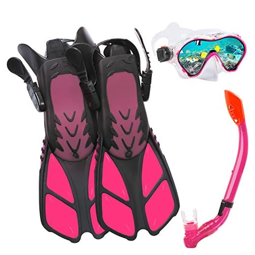 Ertong Children Snorkel Set Kids Scuba Diving Equipment Packages Including Adjustable Swimming Fins/Flippers + Automatic Breathing Tube + Tempered Glass Lens Snorkeling Mask (Roese)