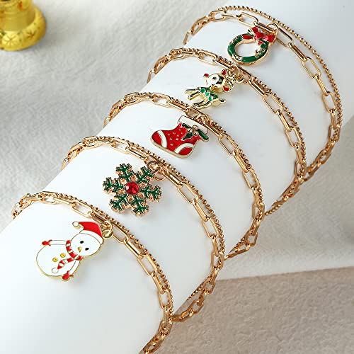 Image of WLLAY Dainty Gold-Tone Layered Paperclip Link Chain Bracelets Snowflake /Deer /Snowman /Wreath Bracelet Christmas Ornament Accessories
