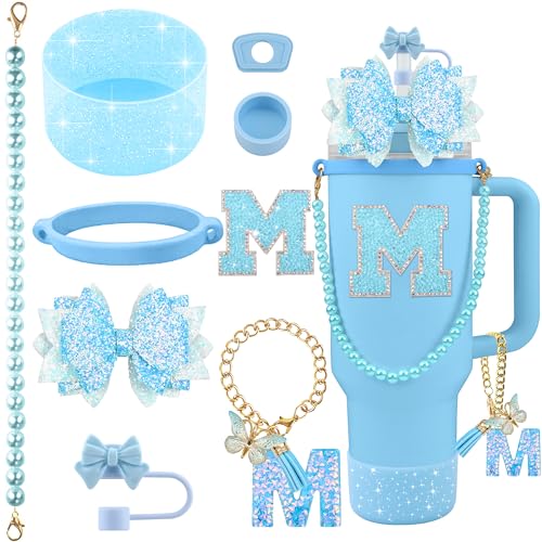 Hpebl 9PCS Blue for Stanley Cup Accessories Set Bling Initials Bow Charms for Stanley Decorations 30/40 Oz Tumbler Accessories Including Bow Straw Topper, Handle Strap, Spill Stopper（Letter M） - image 1