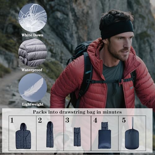 MOGU Men's Down Puffer Jacket with Hood – Lightweight Packable Winter Coat for Travel, Hiking, Casual Wear3