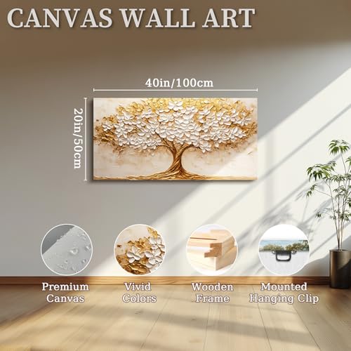 crmotu Tree of Life Large Wall Art, Blooming Flower Tree Art Prints, White Gold Abstract Landscape Paintings, Modern Trendy Home Wall Decor Living Room Bedroom Above Bed Canvas Pictures 20x40 Inch