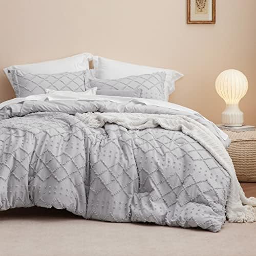 Bedsure Boho Comforter Set Twin - Grey Tufted Shabby Chic Bedding Comforter Set for All Seasons, 3 Pieces Western Bed Set Farmhouse Modern Embroidery Bed Set for Women Men Kids