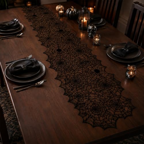 Oeyliz Halloween Decorations Black Lace Spider Web Table Runner 18 x 72Inch - image 2
