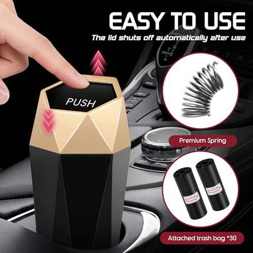 Image of Car Trash Can with Lid, Mini Car Trash Cup with 30 Additional Trash Bags, Car Accessories for Interior, Leakproof Vehicle Garbage Bin for Car, Home, Office - 2 Packs, Gold