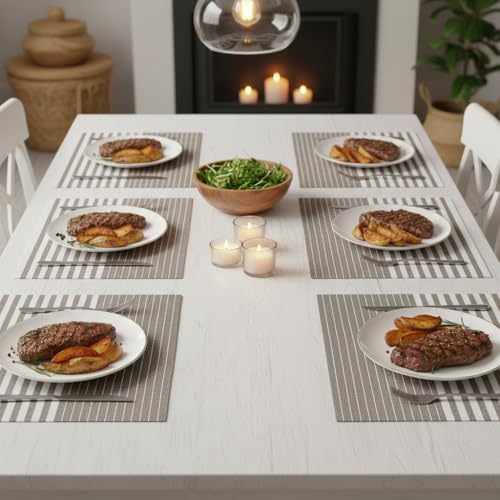Image of YELONA Dining Table Placemats Set of 6 - Heat-Resistant, Non-Slip, Washable & Stain Resistant Woven PVC Vinyl Table Mats for Kitchen & Dining - 45 x 30 cm, PeachBrown & White