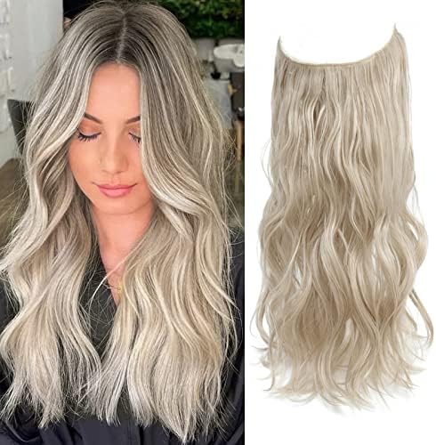 Invisible Wire Hair Extension Brown with Golden Highlights, Friendly Synthetic 20 inch Wavy Pieces for Women