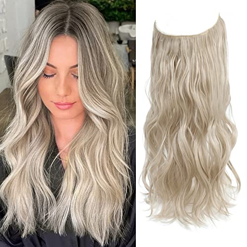 Secret Hair Extensions, Invisible Wire Wavy Synthetic Hair Pieces for Women 20 Inch Ash Blonde Hair Extensions, Daily Party Wedding Use