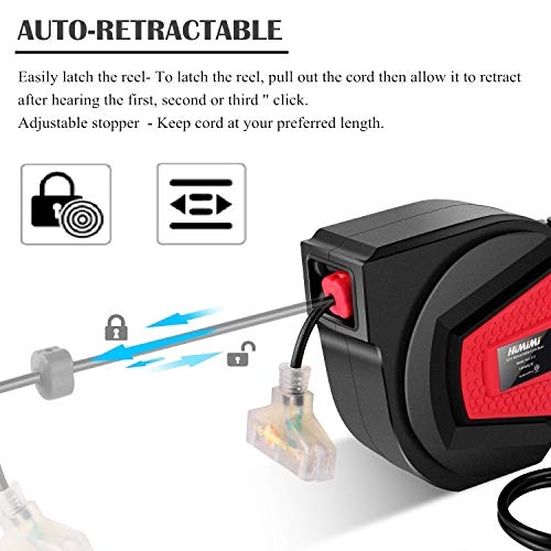 Retractable Extension Cord Reel, 50 FT + 4.5FT Heavy Duty Extension Cord Reels, 14AWG/3C SJTOW, 3 Grounded Outlets, Triple Tap with LED Lighted Connector, 13A Circuit Breaker and Adjustable Stopper