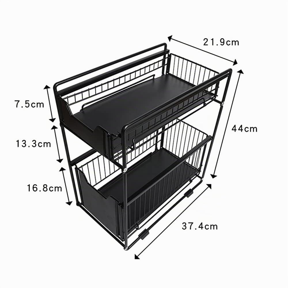 Supfine 2X Organisateur de Cuisine à 2 Niveaux, Rangement Sous évier Coulissant Support d'armoire Coulissant, Noir Panier de Rangement Coulissant pour Cuisine, Garde-Manger, Porte-épices