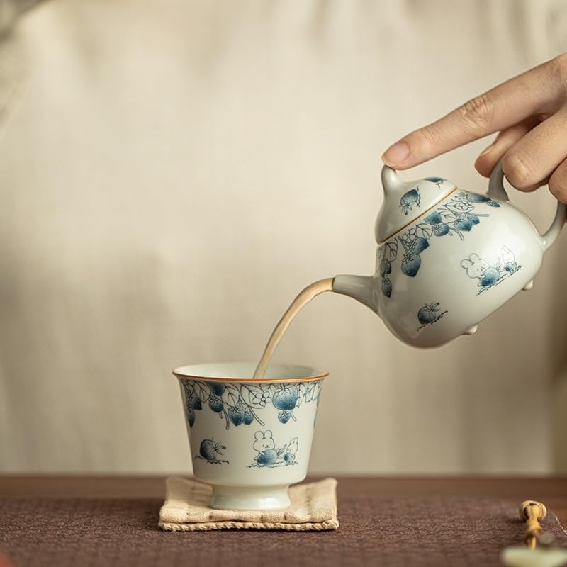 Tea Cup Ceramic Antique Glaze Handmade Blue and White Raspberry Rabbit Host Soaking Container