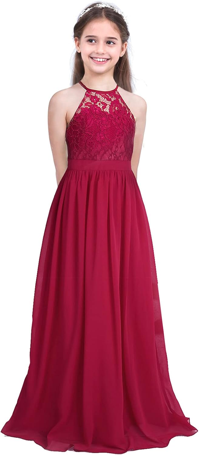 Teens Junior Halter Neck Lace Chiffon Flower Girl Dress Bridesmaid Wedding Prom Party Maxi Gown