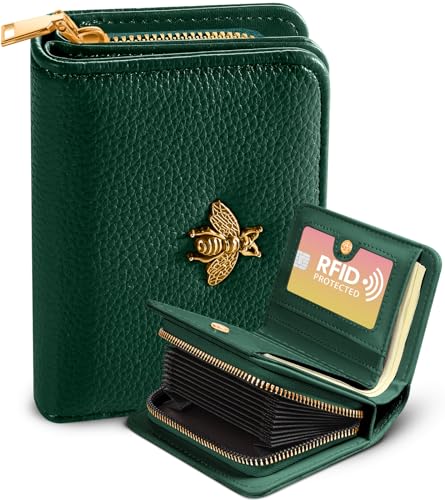 Image of Bistup Leather 12 Slot Accordion Card Holder Wallet, Green Bee | Accordion Storage, Zipper Around Closure, Compact Patterned Wallet for IDs, Cards, Cash, Daily Carry and Gifts