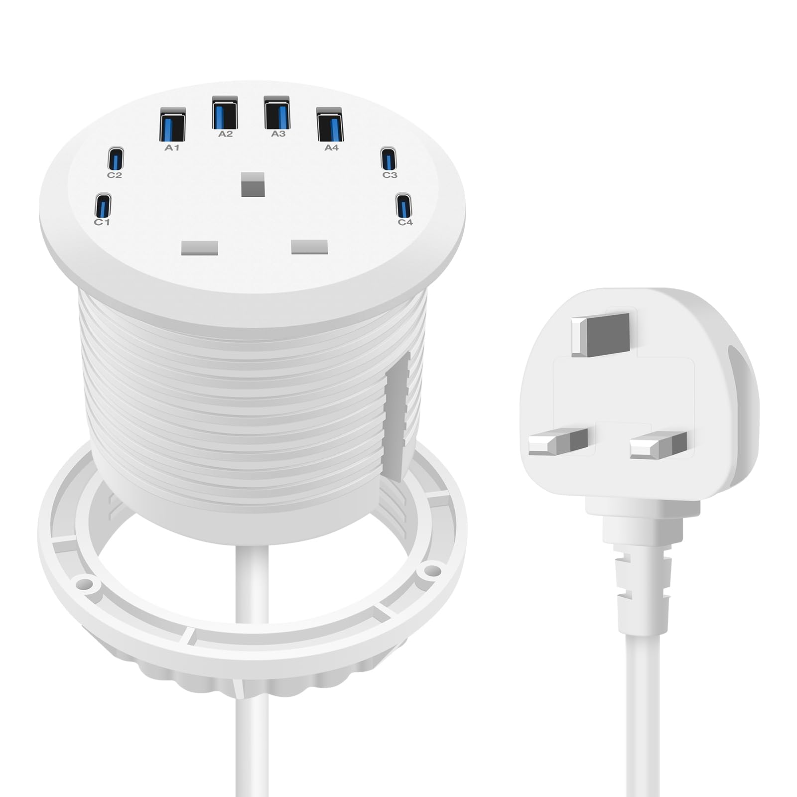 Recessed Power Grommet Socket, 65W Fast Charging USB-C Port - Flush-Mount for Desktop,Workspace Essential Desk Outlet (White)