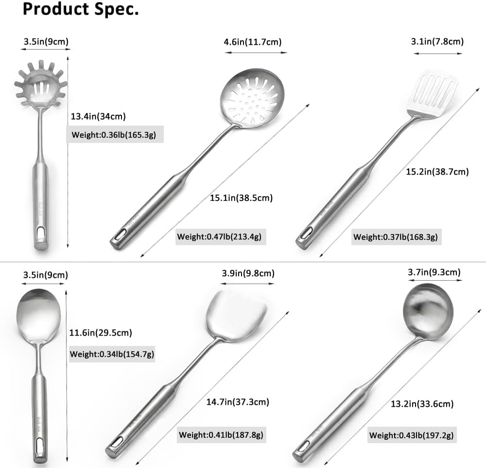 Juego de 6 utensilios de cocina de acero inoxidable, metal 304, aptos para lavavajillas, ergonómicos y cómodos, juego de cucharón de sopa, cuchara y espumadera