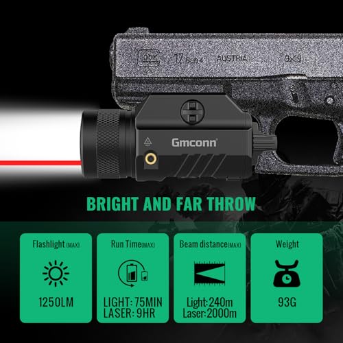 Image of Gmconn 1250 Lumen Tactical Flashlight Red Laser Light Combo, Rechargeable Pistol Light with Strobe /Momentary Compatible with Picatinny