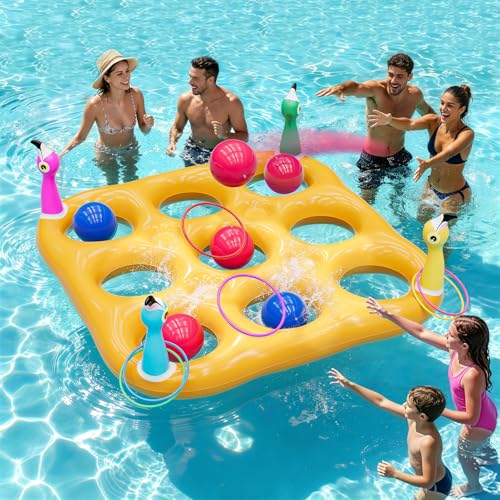Flamingo Pool Toys Games Set 2-in-1 Giant Inflatable Tic Tac Toe Float Game & Ring Toss Game with 10 Balls & 6 Rings Outdoor Summer Fun Beach Yard Swimming Pool Games for Adults Teens Kids 6+