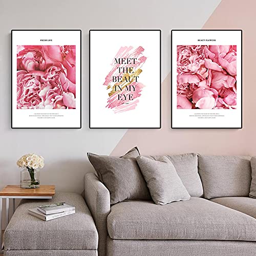 Peinture fleur rose abstrait pour habiller un grand mur vide de salon 70x100cm x3