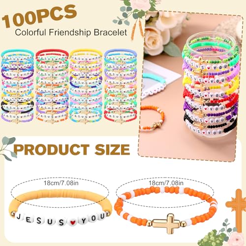 100 Pcs Beaded Friendship Bracelets Bulk Colorful Inspirational Stretch Bracelets Y2k Preppy Adjustable Jewelry for Rainbow Princess Women Beach Party Favor Gifts(Cross)2