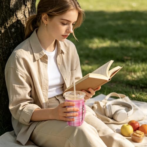 Image of KJQJLY 3 Reusable Iced Coffee Sleeves for Iced Coffee Cups or Drinks Reusable Neoprene Insulated Sleeves for Hot and Cold Drinks from Starbucks, Dunkin, And More (Preppy Pink Plaid)