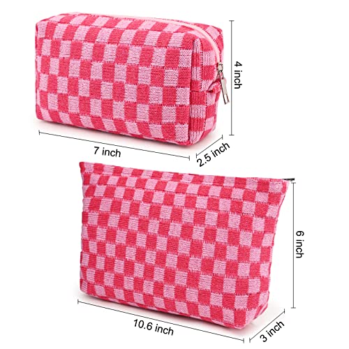 Soidram ROSE RED 2 Pieces Makeup Bag Large Checkered Cosmetic Bag Capacity Canvas Mix Travel Toiletry Bag Organizer Cute Makeup Brushes Aesthetic Accessories Storage Bag thumb #2