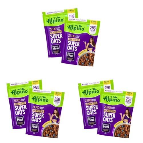 Image of ALPINO 25% High Protein Super Oats Chocolate 2kg (1kg, Pack of 6) - Rolled Oats, Natural Peanut Butter, Cocoa Powder, Nuts & Seeds - 25g Protein, Source of Dietary Fibre & Healthy Fats, No Added Sugar & Salt