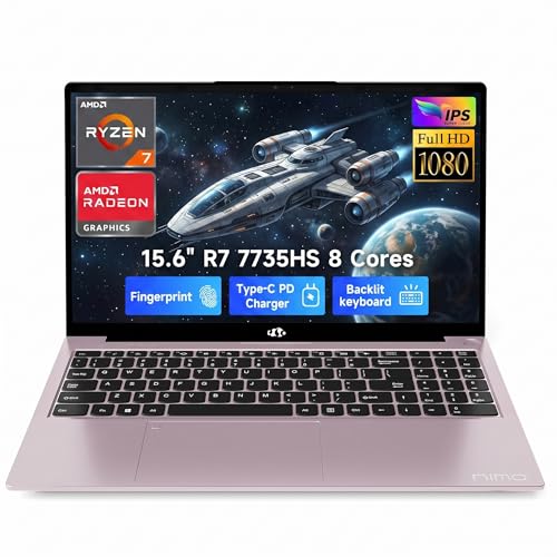 Image of NIMO Gaming Laptop, AMD Ryzen 7 7735HS 8 Cores (Up to 4.75GHz) 15.6 inch FHD, 32GB DDR5 RAM 1TB SSD, Radeon 680M Graphics, 100W Type-C, Backlit Keyboard, Fingerprint, 180 Views, Windows 11 Computer