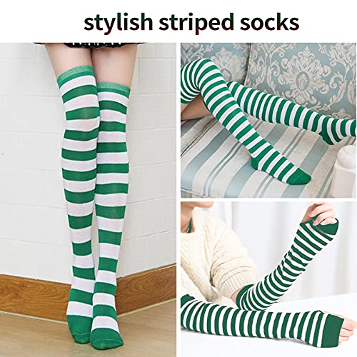 Elfcool 2/4 Sets Womens Long Striped Knee High Socks Knit Fingerless Arm Warmers for Halloween Christmas4